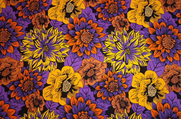 Afrikanischer Print Stoff - Gelb und Lila Flowers - 100% Baumwolle