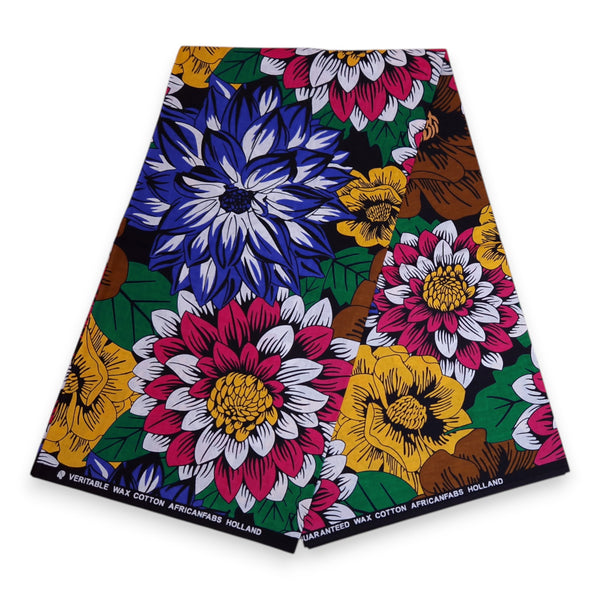 Afrikanischer Print Stoff - Blau und Fuchsia Flowers - 100% Baumwolle