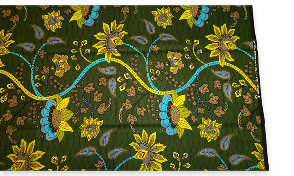 Afrikanischer Print Stoff - Dunkelgrün und Gelb Botanical Flow - 100% Baumwolle