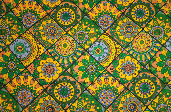 Afrikanischer Print Stoff - Grün und Gelb Mandala Patchwork - 100% Baumwolle
