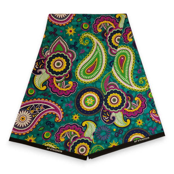 Afrikanischer Print Stoff - Türkis Lila Paisley - 100% Baumwolle