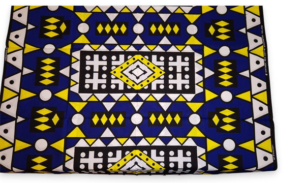 Afrikanischer Print Stoff - Blau Gelb Samakaka / Samacaca (Angola) - 100% Baumwolle