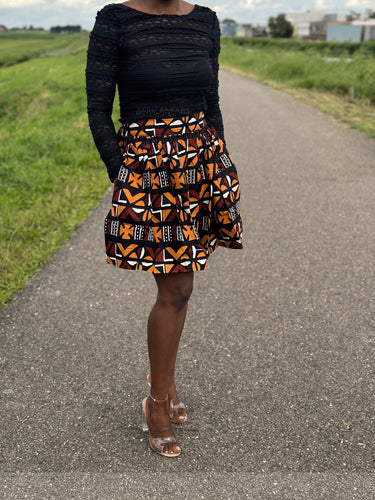Afrikanischer Print Minirock - Braun Cross Bogolan