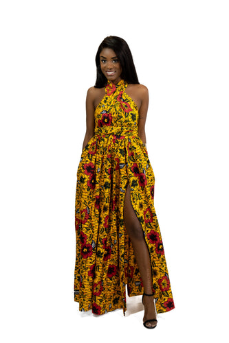 Afrikanischer Print Infinity Multiway Maxikleid Gelb Flowers