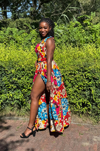 Afrikanischer Print Infinity Multiway Maxikleid - Rot & Blau Flowers