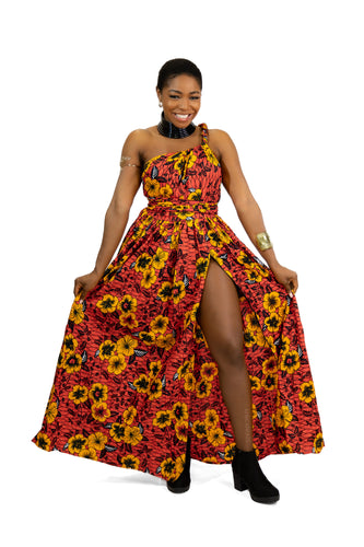 Afrikanischer Print Infinity Multiway Maxikleid in / Rot Flowers
