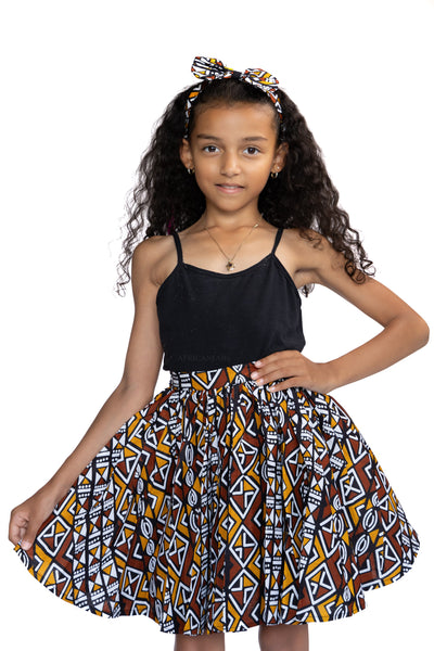Afrikanischer Print Kinderrock + Stirnband mit Schleife Set - Senf / Weißes Bogolan ( 1 - 10 Jahre alt )