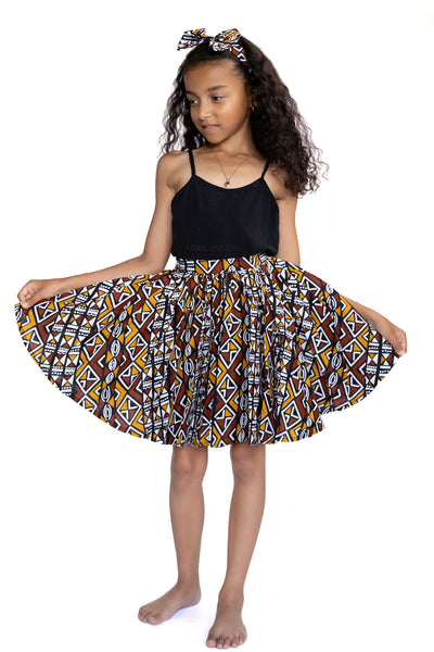 Afrikanischer Print Kinderrock + Stirnband mit Schleife Set - Senf / Weißes Bogolan ( 1 - 10 Jahre alt )