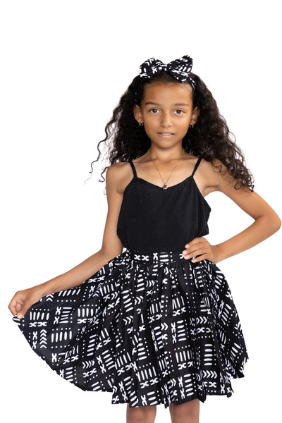 Afrikanischer Print Kinderrock + Stirnband mit Schleife Set - Schwarz / Weiß Bogolan ( 1 - 10 Jahre alt )