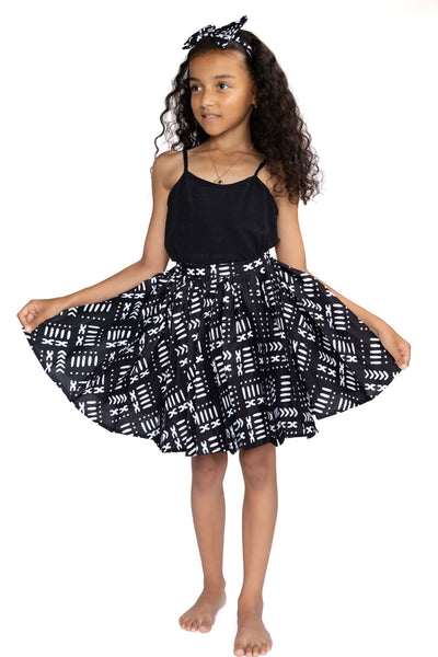 Afrikanischer Print Kinderrock + Stirnband mit Schleife Set - Schwarz / Weiß Bogolan ( 1 - 10 Jahre alt )