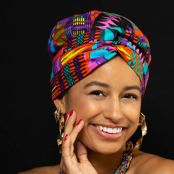 Easy headwrap / einfaches Kopftuch - Satinfutter - Kente Lila / Rosa