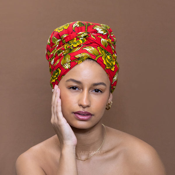 Easy headwrap / einfaches Kopftuch - Satinfutter - Rot / Gelb flower