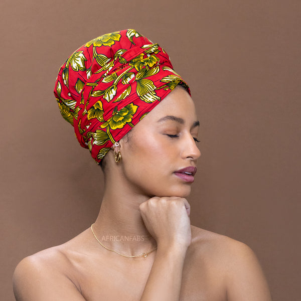 Easy headwrap / einfaches Kopftuch - Satinfutter - Rot / Gelb flower