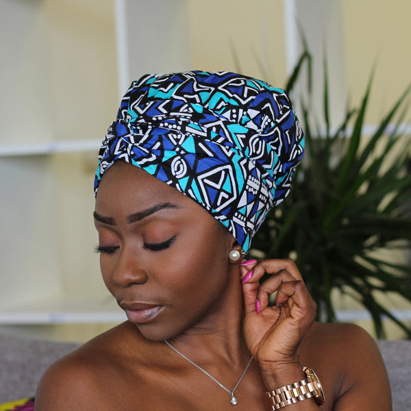 Easy headwrap / einfaches Kopftuch - Satinfutter - Blau / türkis Ame