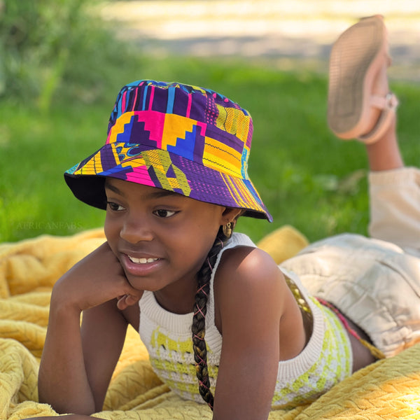 Bucket hat / Fischerhut mit afrikanischem Print - Multi color Kente lila - Kinder & Erwachsene Größen (Unisex)