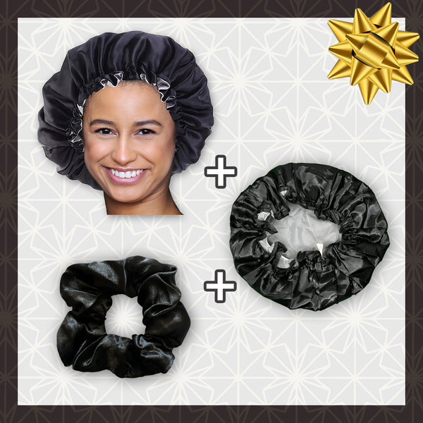 SATIN-SET - Schützen & Duschen - Schwarze Satin bonnet / Schlafhaube + Duschhaube + Scrunchie