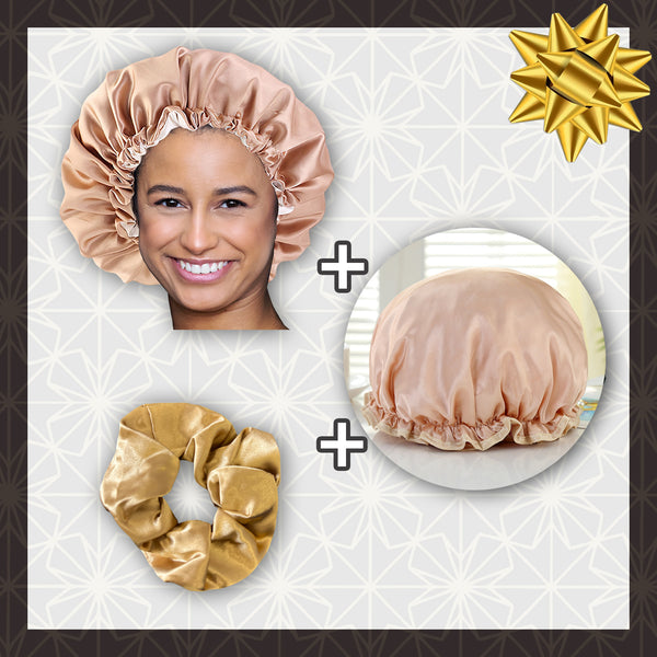 SATIN-SET - Schützen & Duschen - Kaki Satin bonnet / Schlafhaube + Duschhaube + Scrunchie