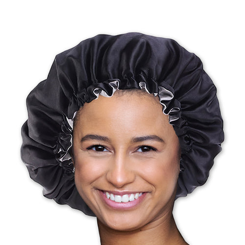 SATIN-SET - Schütze dein Haar und deine Haut - Schwarze Satin bonnet / Schlafhaube + Satin-Kissenbezug + Scrunchie