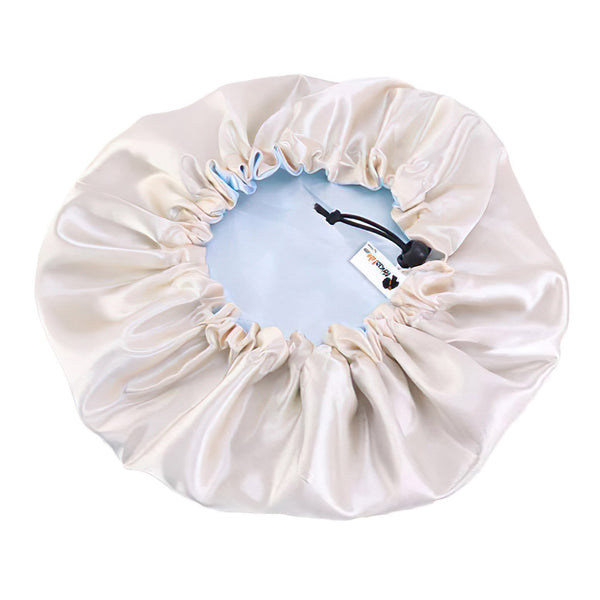 SATIN-SET - Schützen & Duschen - Lichtblaues Satin bonnet / Schlafhaube + Duschhaube + Scrunchie