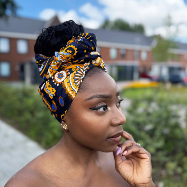 Afrikanisches Kopftuch / headwrap - Marineblau Gelb Paisley