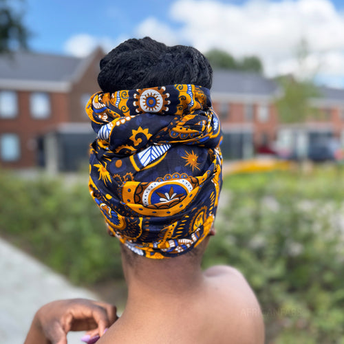 Afrikanisches Kopftuch / headwrap - Marineblau Gelb Paisley