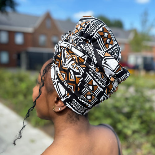 Afrikanisches Kopftuch / headwrap - Dunkelbraun & Weiß Bogolan Symbols