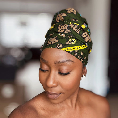 Afrikanisches Kopftuch / headwrap - Dunkelgrün & Gelb Botanical Flow