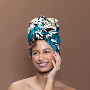 Afrikanisches Kopftuch / headwrap - Dunkel türkisfarbene Blume