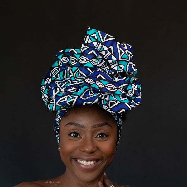 Afrikanisches Kopftuch / headwrap - Blau / Weiss