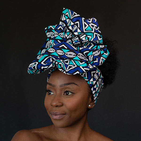 Afrikanisches Kopftuch / headwrap - Blau / Weiss