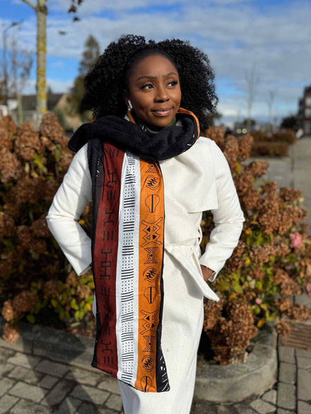 Afrikanischer Print Schal Unisex - Schmales Modell - Braun Bogolan Symbole