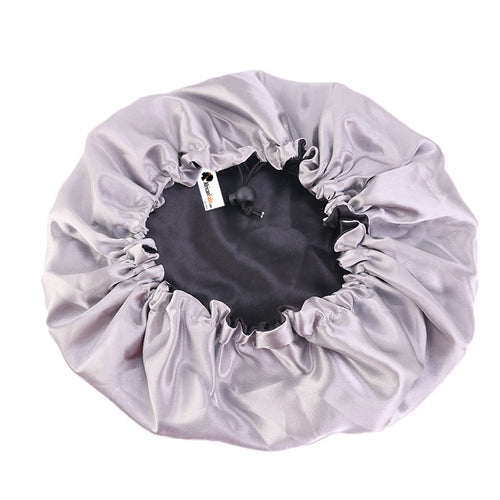 SATIN-SET - Schützen & Duschen - Schwarze Satin bonnet / Schlafhaube + Duschhaube + Scrunchie