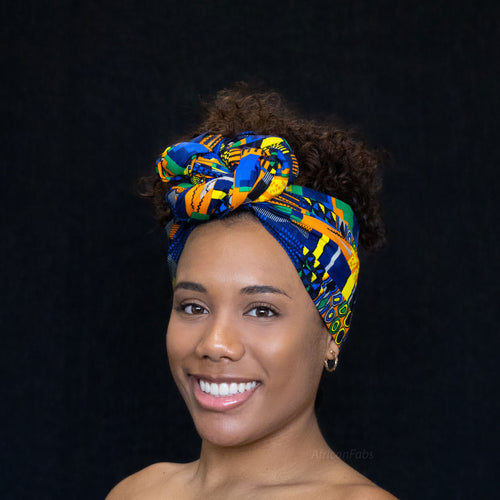 Afrikanisches Kopftuch / headwrap - Kente-Stoff Blau Orange