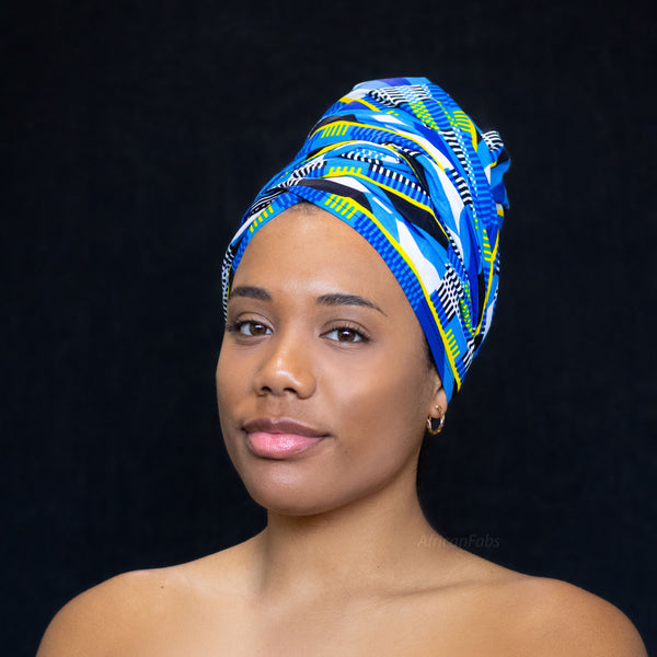 Afrikanisches Kopftuch / headwrap - Blau Weiss kente
