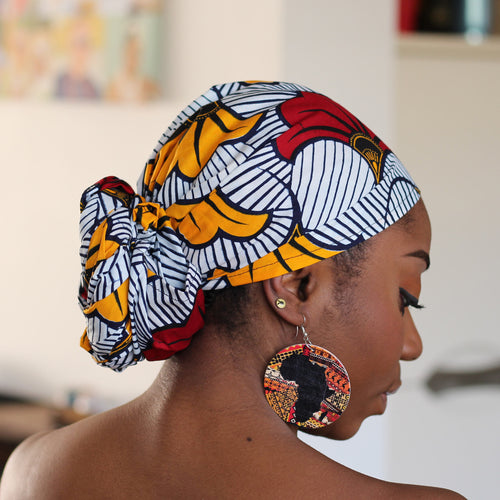 Afrikanisches Kopftuch / Vlisco headwrap - Weiss / Rote / Gelbe Wedding Flowers