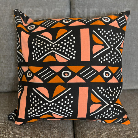 Afrikanisches Kissen | Lachs Bogolan Print Stoff - Dekokissen 45x45 - 100% Baumwolle