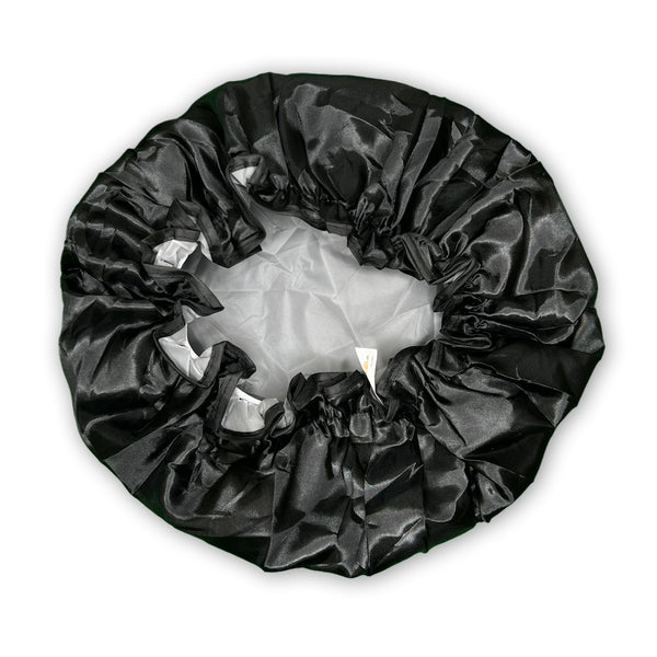 SATIN-SET - Schützen & Duschen - Schwarze Satin bonnet / Schlafhaube + Duschhaube + Scrunchie