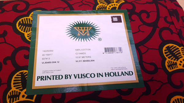VLISCO Stoff Hollandais Afrikanischer Wax print - Rot / Gelbe Branch