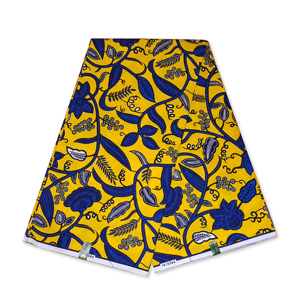 VLISCO Stoff Hollandais Afrikanischer Wax print - Gelb / Blaues leaftrail