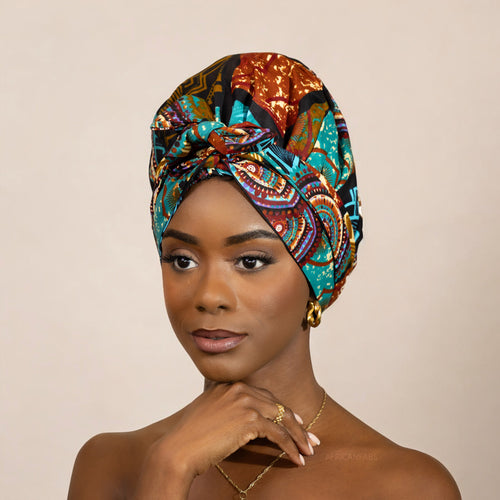 Easy headwrap / einfaches Kopftuch - Satinfutter - Türkis Multicolor 