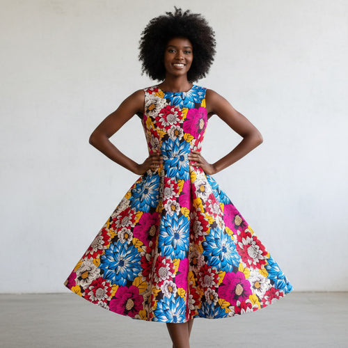 Afrikanischer Print Stoff - Rot und Blau Flowers - 100% Baumwolle