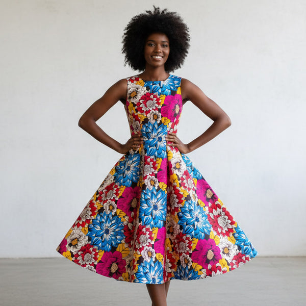 Afrikanischer Print Stoff - Rot und Blau Flowers - 100% Baumwolle