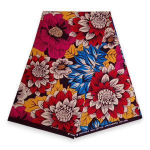 Afrikanischer Print Stoff - Rot und Blau Flowers - 100% Baumwolle