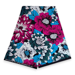 Afrikanischer Print Stoff - Rosa und Petrol Flowers - 100% Baumwolle
