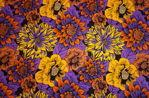 Afrikanischer Print Stoff - Gelb und Lila Flowers - 100% Baumwolle
