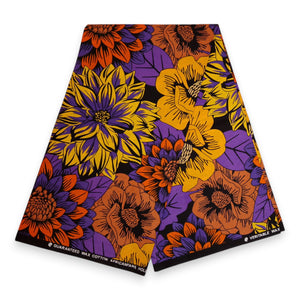 Afrikanischer Print Stoff - Gelb und Lila Flowers - 100% Baumwolle