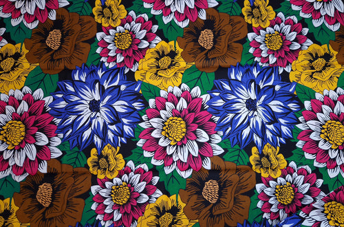 Afrikanischer Print Stoff - Blau und Fuchsia Flowers - 100% Baumwolle
