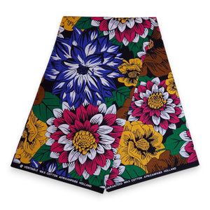 Afrikanischer Print Stoff - Blau und Fuchsia Flowers - 100% Baumwolle