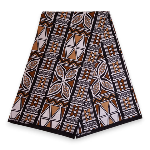 Afrikanischer Print Stoff - Dunkelbraun und Weiß Bogolan Symbols - 100% Baumwolle