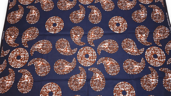 Afrikanischer Wax Print Stoff - Blau Braun Navy Paisley Sun - 100% Baumwolle